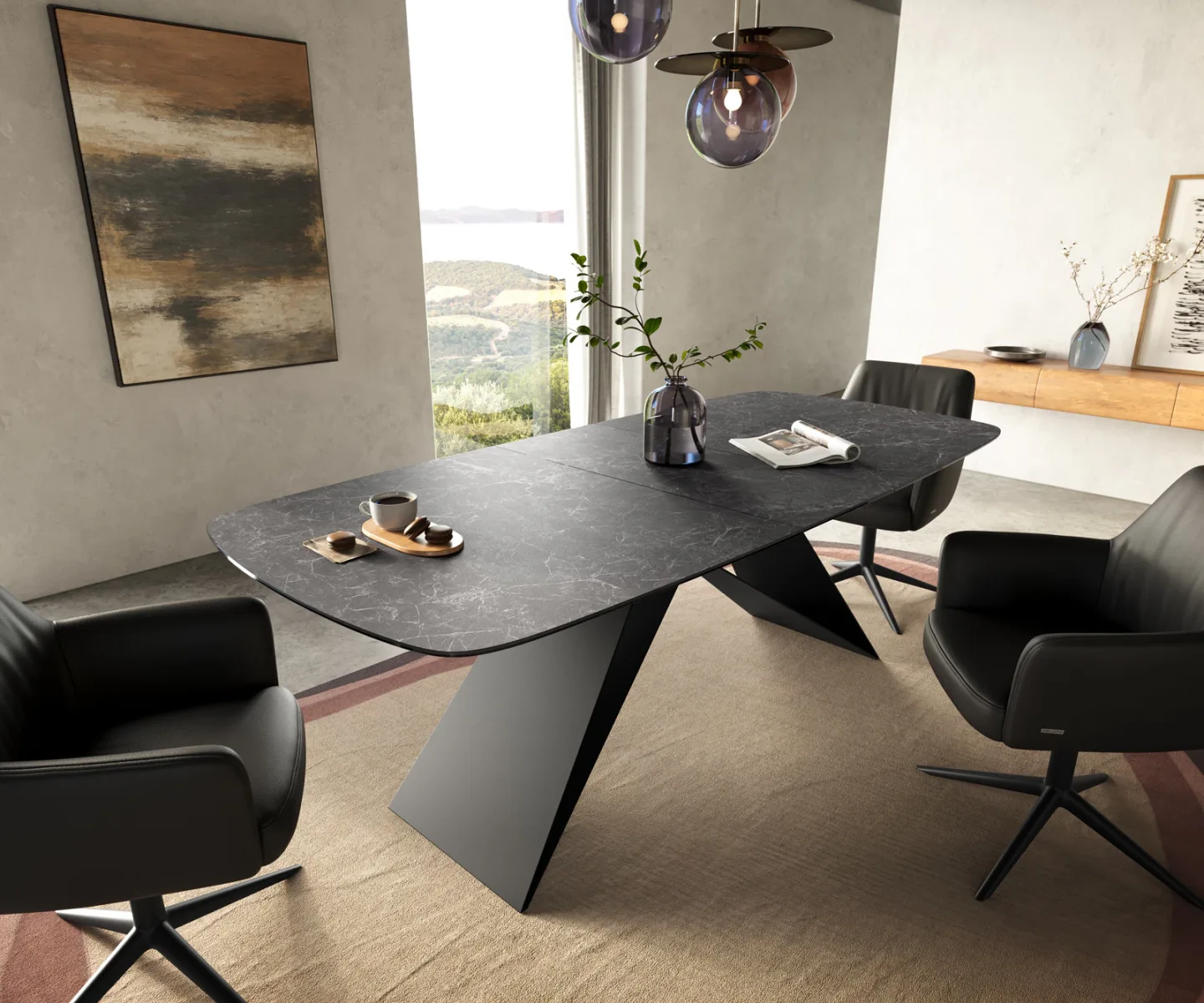 Esstisch Edge Boot 180-220x100 cm Keramik Laminam® Nero Greco Anthrazit V-Gestell Flachstahl Schwarz ausziehbar