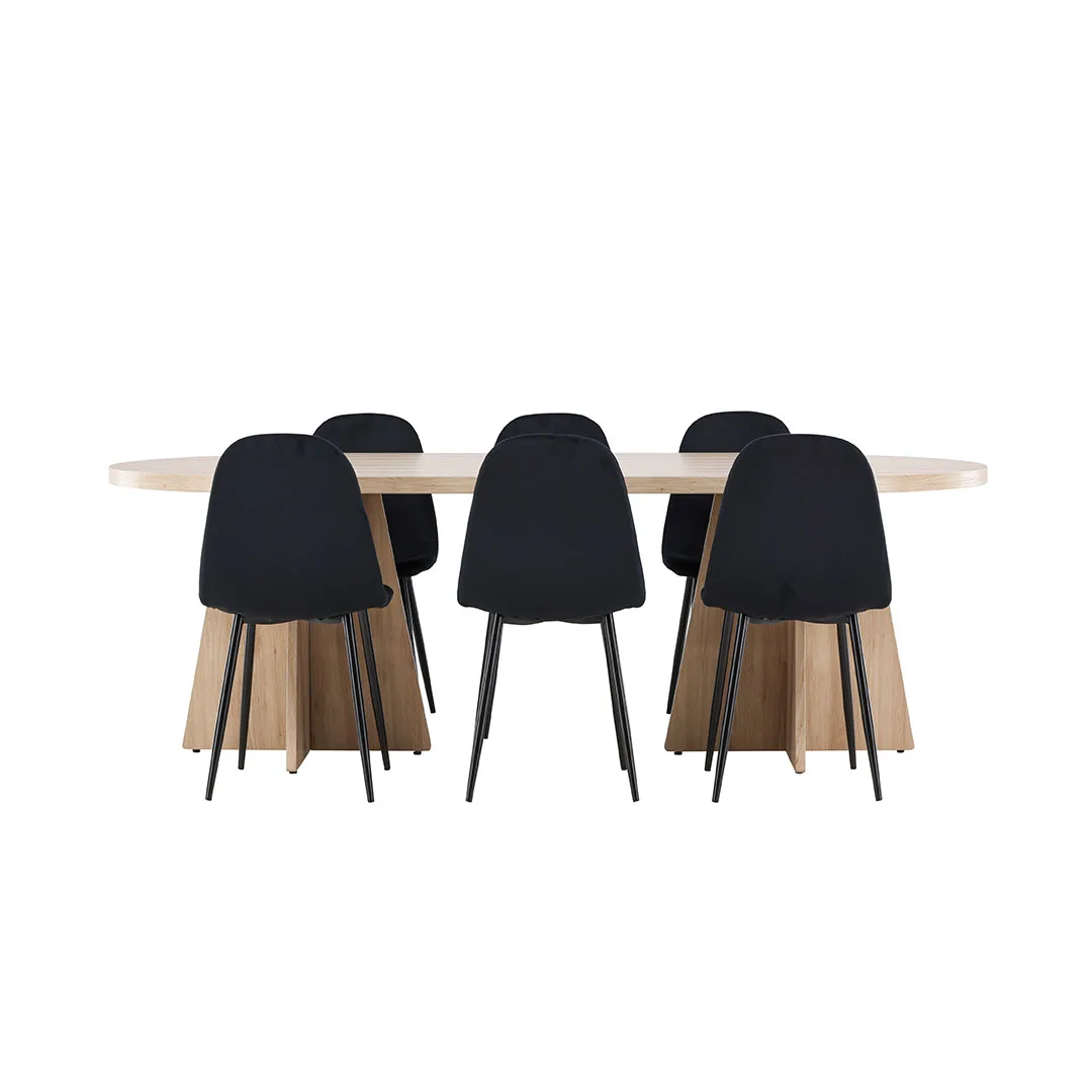 Bootcut Essgruppe Tisch 115x230cm und 6 Velours Stühle natur.