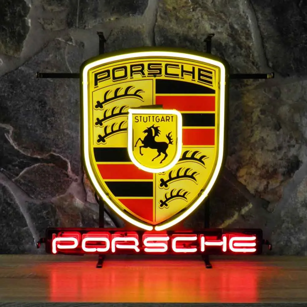 Neonskylt Porsche med bakgrund
