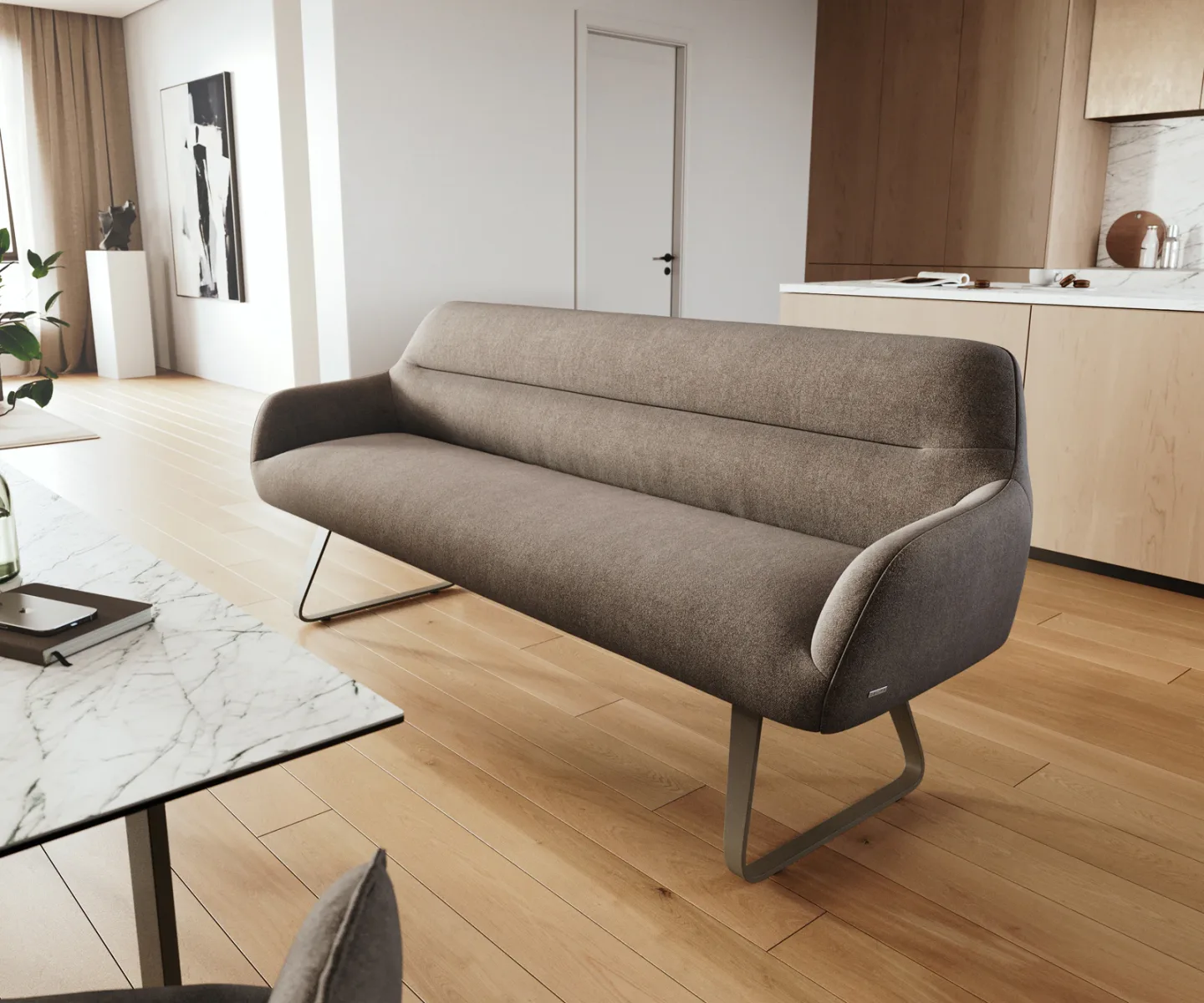Esszimmerbank Taya-Flex 200 cm Strukturstoff Soft Taupe Kufengestell flach Effektfinish Titan Taschenfederkern