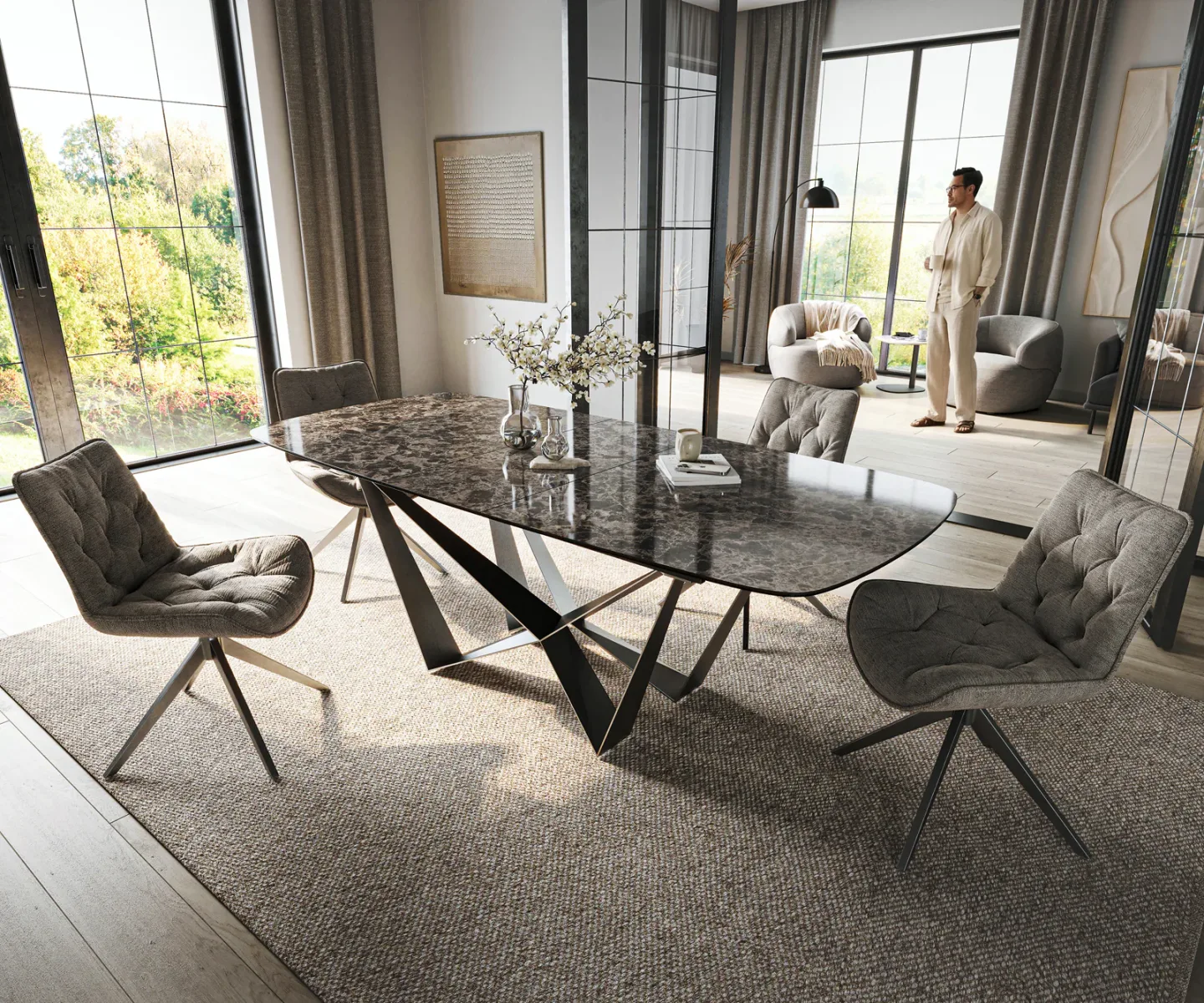 Esstisch Edge Boot 180-220x100 cm Keramik Emperador Extra Lucidato Dunkelbraun Spider Flachstahl Edelstahl Graphit ausziehbar