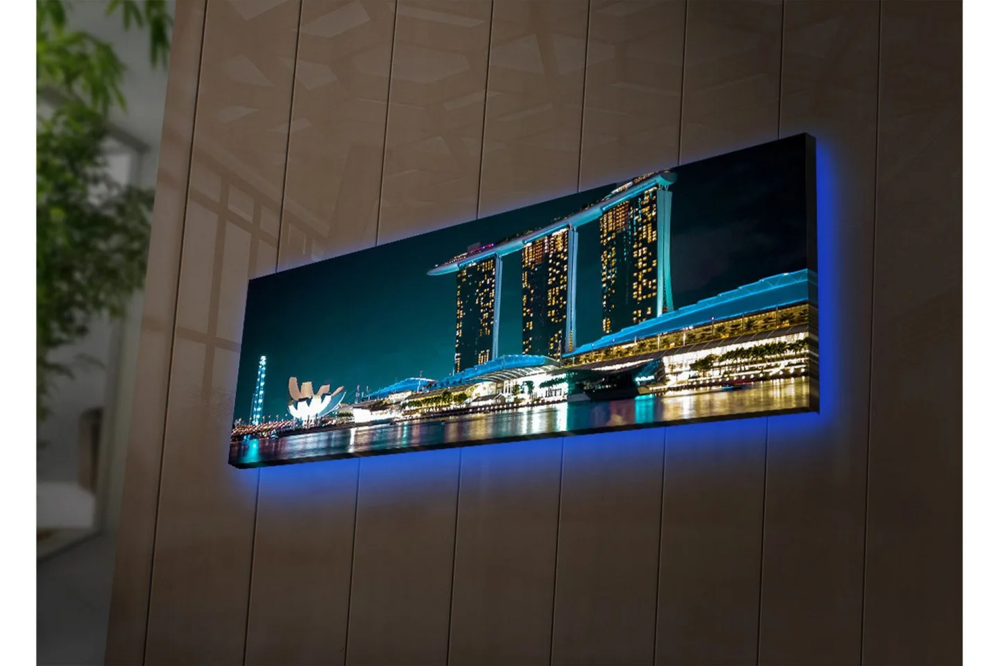 Canvastavla med LED-belysning 30x90 cm - Modern stadslandskap med futuristiska byggnader vid vattenytan - Mörkblå / Ljusblå / Vit