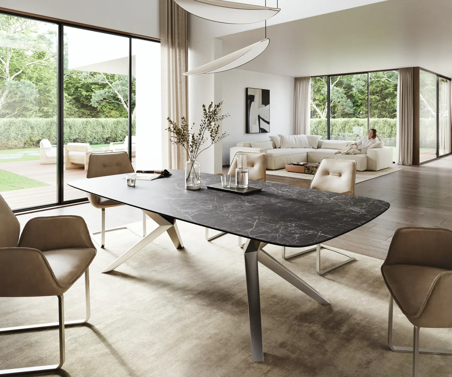 Esstisch Edge Boot 260x120 cm Keramik Laminam® Nero Greco Anthrazit Zenthara kantig Edelstahl