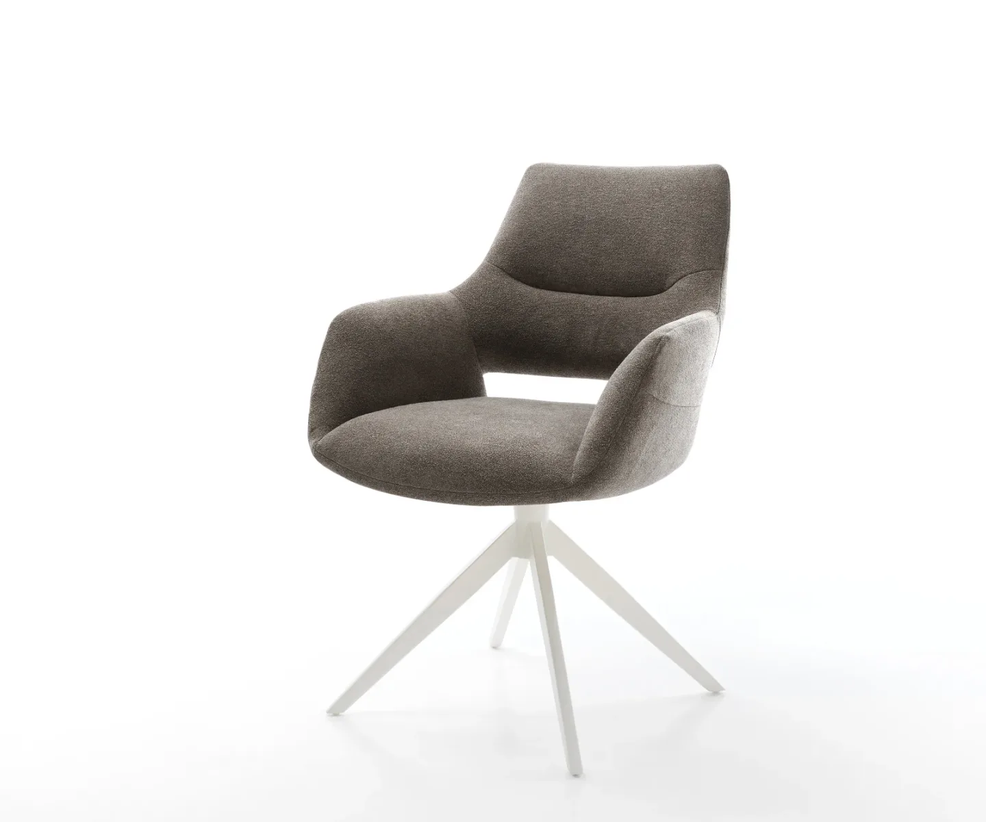 Drehstuhl Yago-Flex mit Armlehnen Strukturstoff Soft Taupe Kreuzgestell breit Weiß 360° drehbar Wippfunktion Taschenfederkern