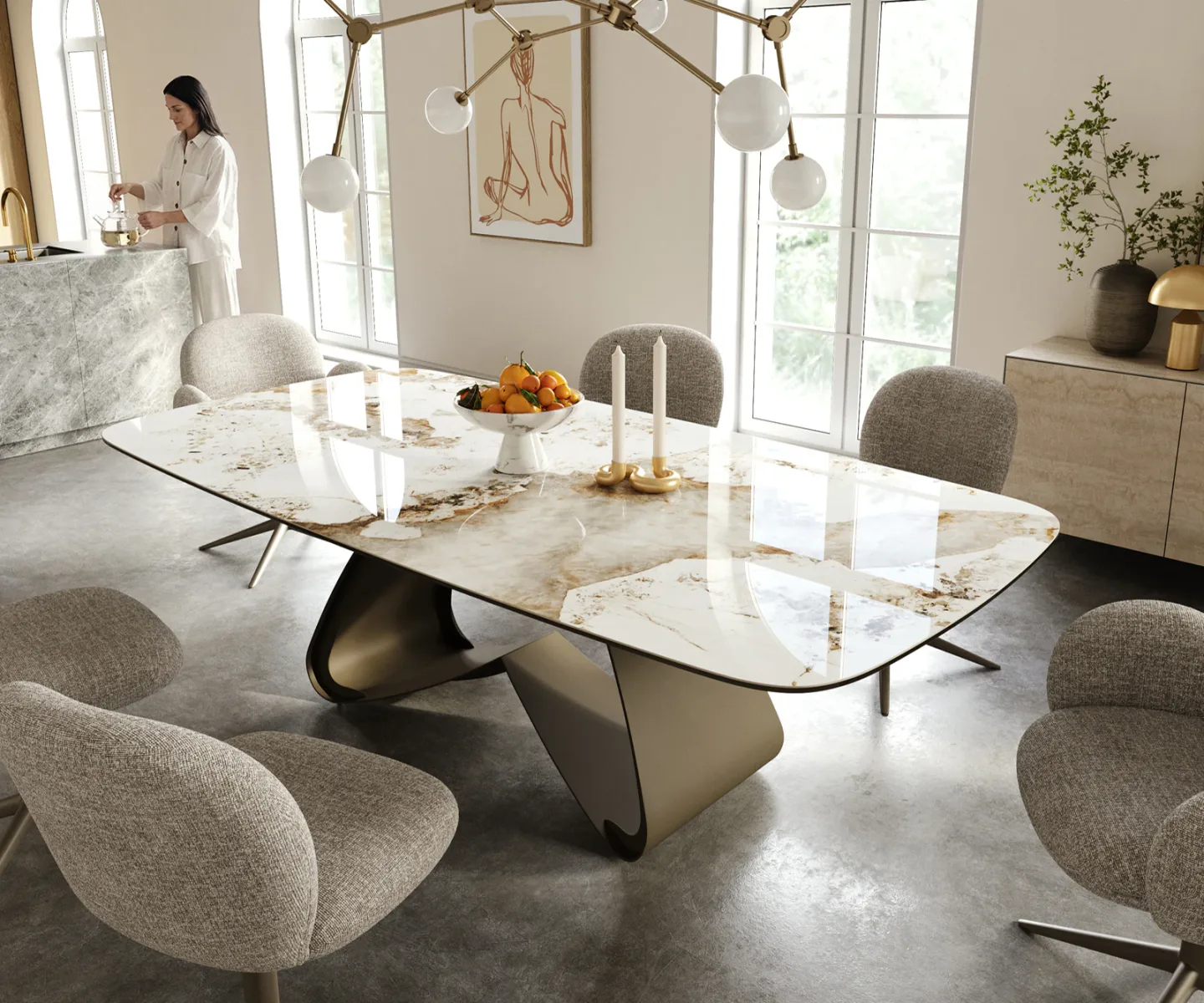Esstisch Edge Boot 240x120 cm Keramik Minas Melange Weiß-Beige W-Gestell Metall Effektfinish Titan