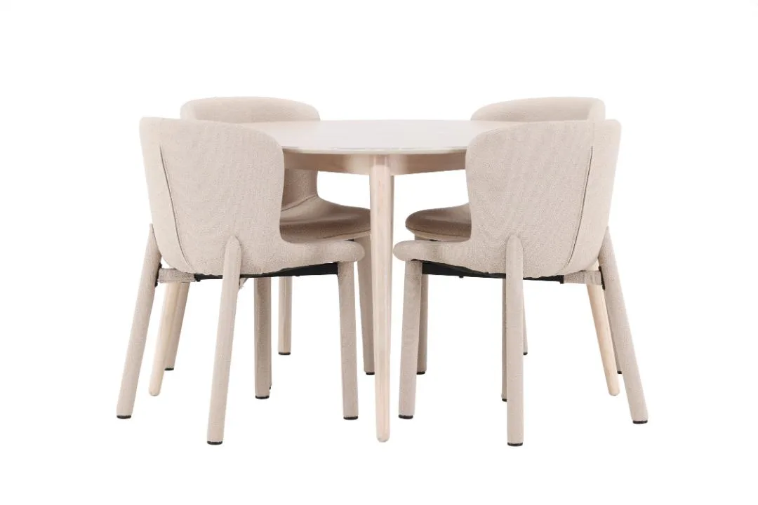 Flora Essgruppe Tisch Ø120cm und 4 Stühle whitewash, beige.
