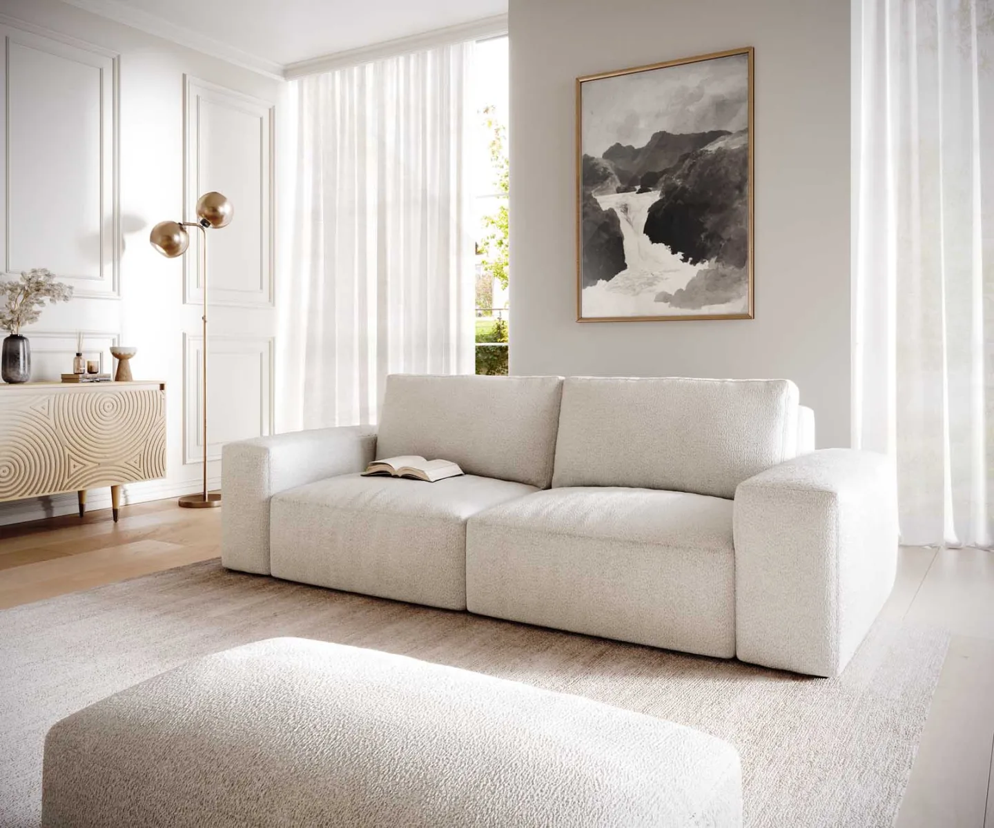 Big-Sofa Lanzo 230x95 cm Bouclé Creme-Weiß mit Hocker