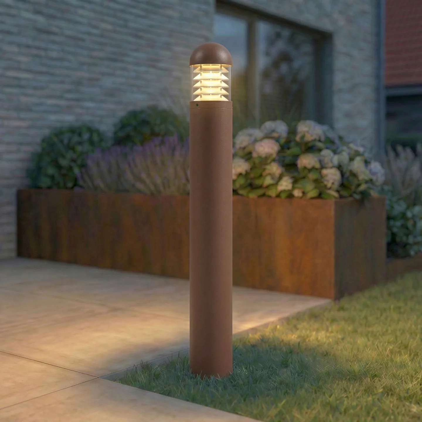 Skagena LED-Wegeleuchte, Höhe 90 cm, IP54, Aluminium, braun - Lucande - Terrasse - Modern - Rund