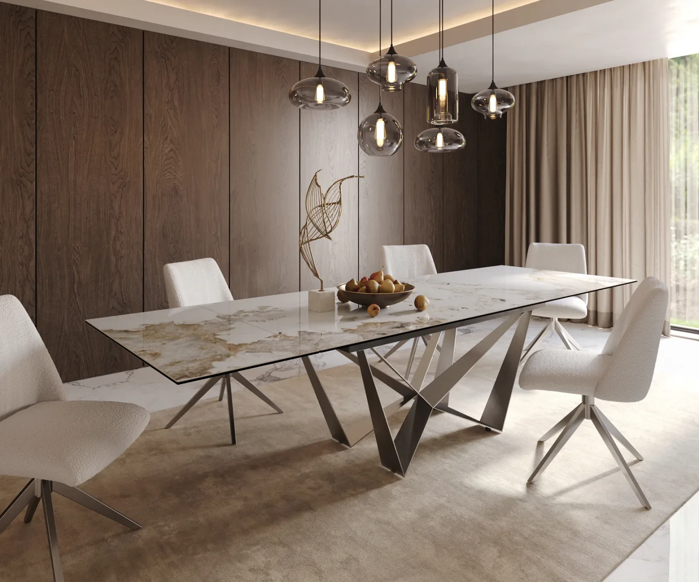 Esstisch Edge 200-300x100 Keramik Minas Melange Weiß-Beige Spider Flachstahl Edelstahl ausziehbar