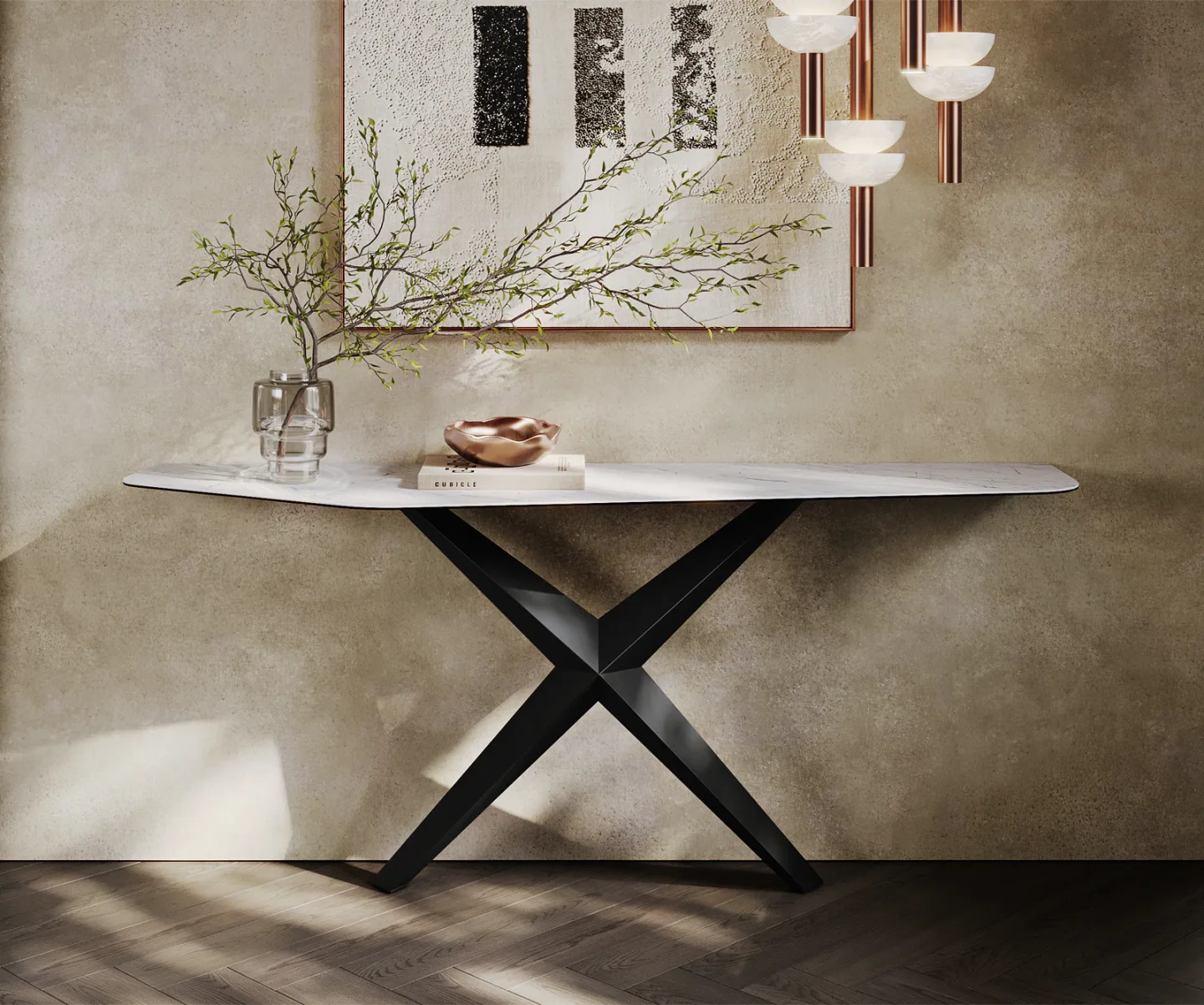 Konsolentisch Edge Polygonal 180x50 cm Keramik Laminam® Statuarietto Weiß Zentharo Metall Schwarz