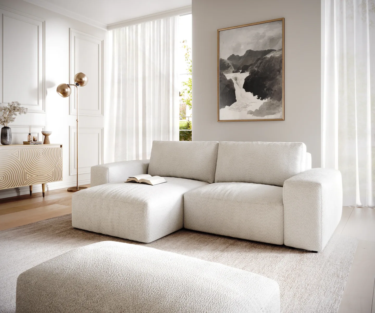 Ecksofa Lanzo 230x155 cm Bouclé Creme-Weiß Recamiere variabel mit Hocker