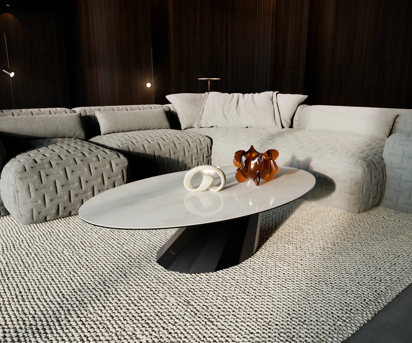 Couchtisch Edge Oval 140x80 cm Keramik Onyx Champagne Parabi Metall Schwarz