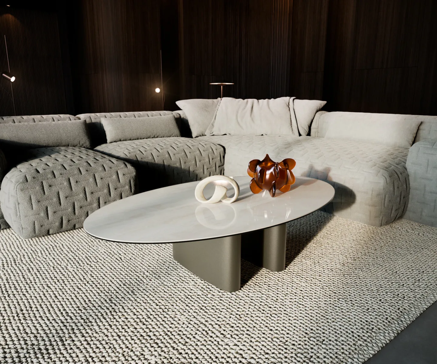 Couchtisch Edge Oval 140x80 cm Keramik Onyx Champagne Ovada Effektfinish Titan
