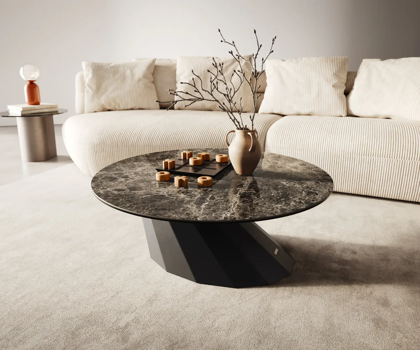 Couchtisch Edge Rund 90x90 cm Keramik Emperador Extra Lucidato Dunkelbraun Parabi Metall Schwarz