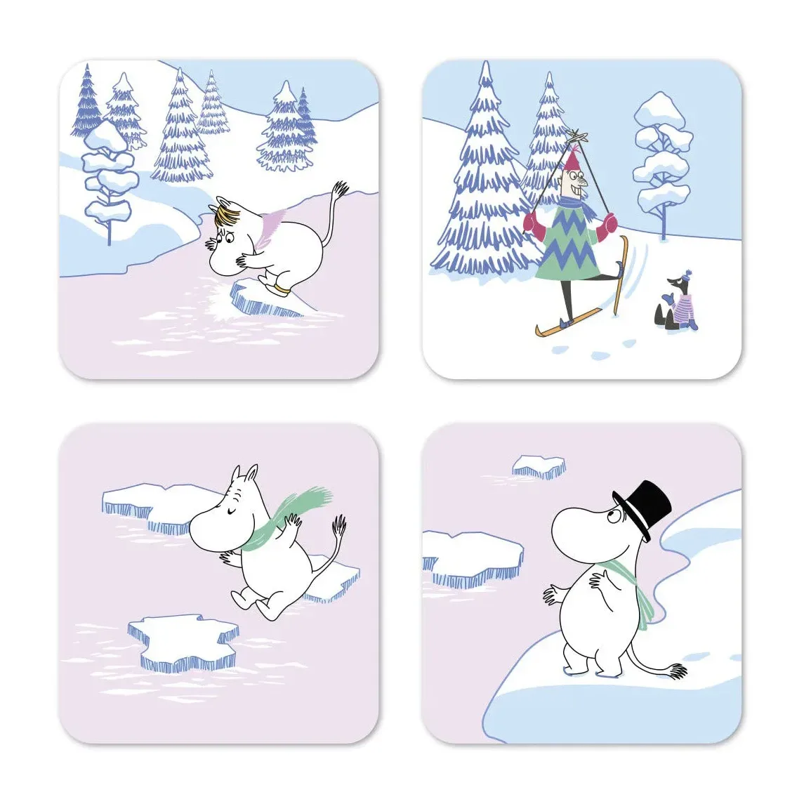 Opto Design Mumin Glasuntersetzer Winter 2022 9 x 9cm 4er Pack Blau-Weiß-Rosa