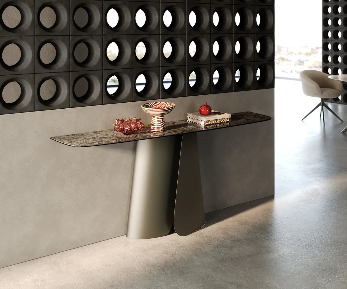 Konsolentisch Edge Boot 180x40 cm Keramik Emperador Extra Lucidato Dunkelbraun Livos Metall Effektfinish Titan