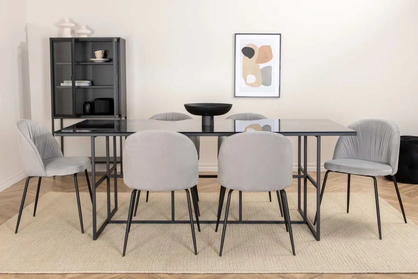 Matgrupp Leria 200 cm inkl 6 Foyos Stolar - Glas/Svart/Grå