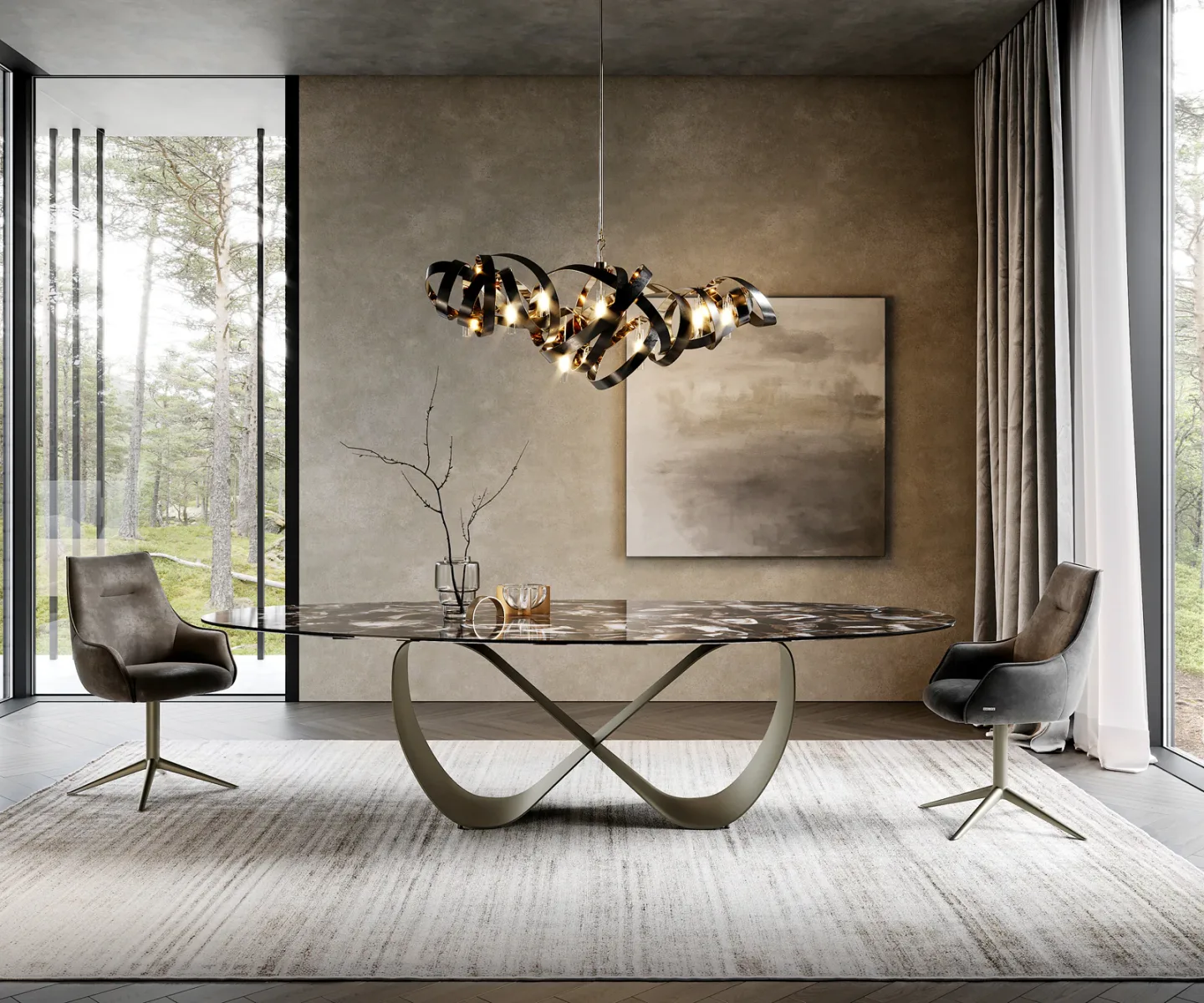 Esstisch Edge Oval 280x130 cm Keramik Iris FMG Agatablack Infinity Metall Effektfinish Titan