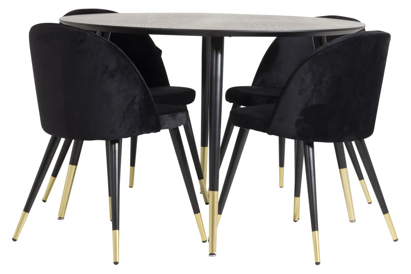 Dipp Matgrupp 115 cm Rund med 4 Velvet stolar - Svart/Guld