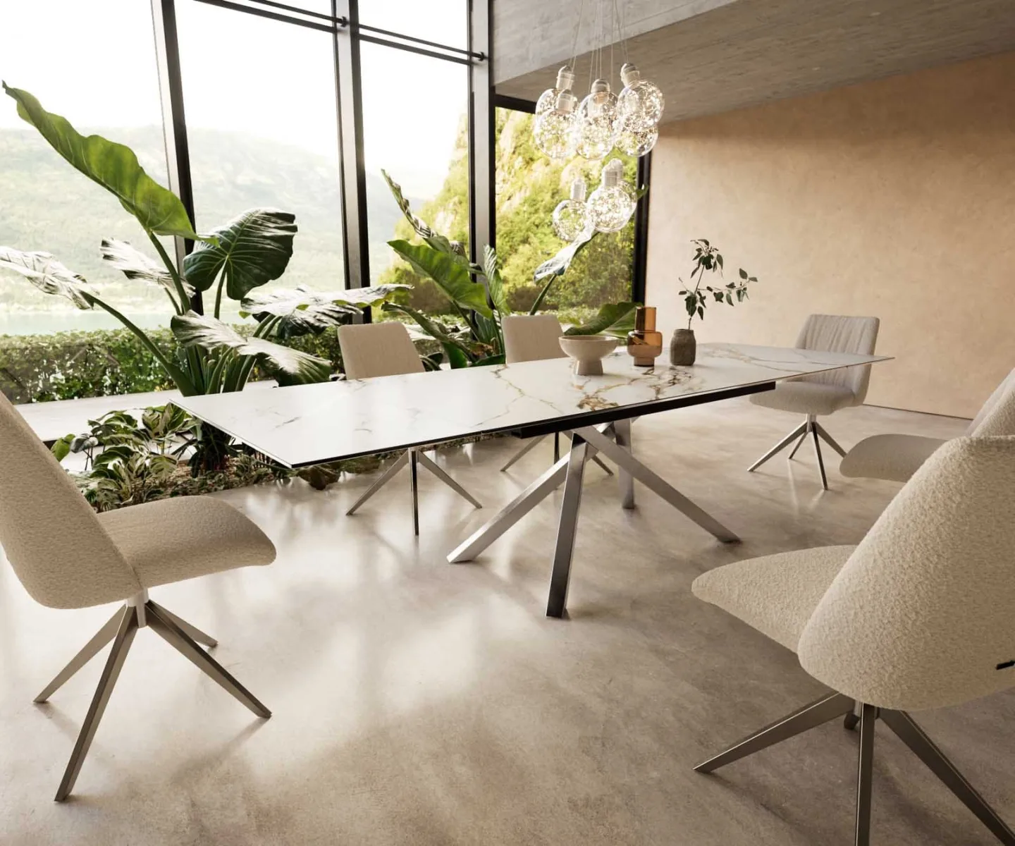 Esstisch Edge 200-300x100 Keramik Calacatta Luxe Weiß-Gold-Grau Kreuzgestell Rechteck Edelstahl ausziehbar