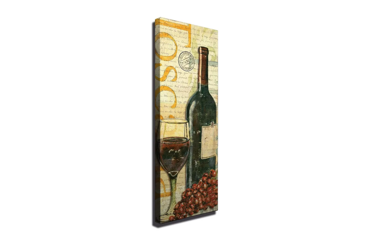 Canvastavla 30x80 cm - Vinflaska med glas och druvor - Mörkgrön / Röd / Brun
