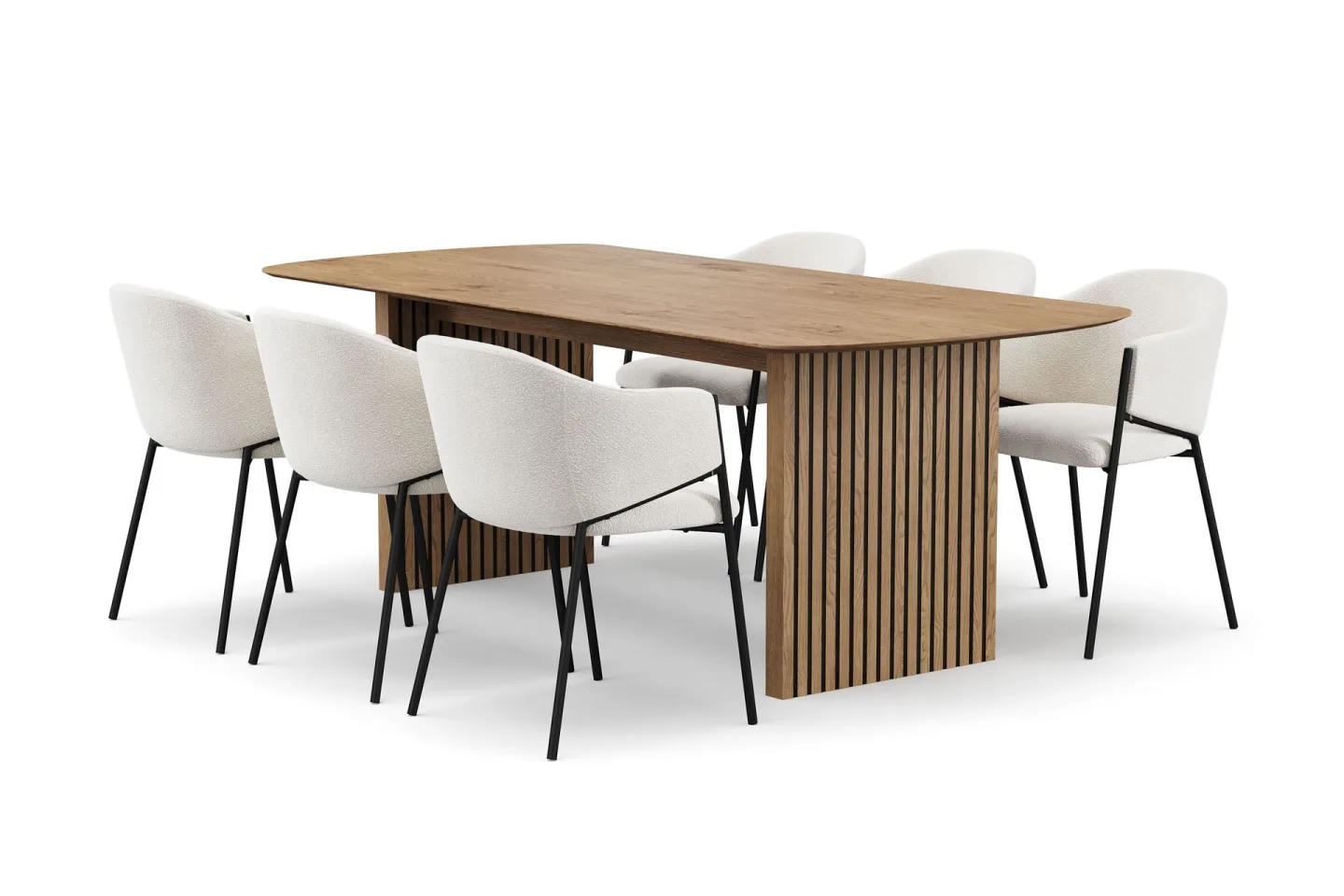 Richeto Matbord 210 cm med 6 Filip Matstolar - Naturlig finish / Vit Bouclé
