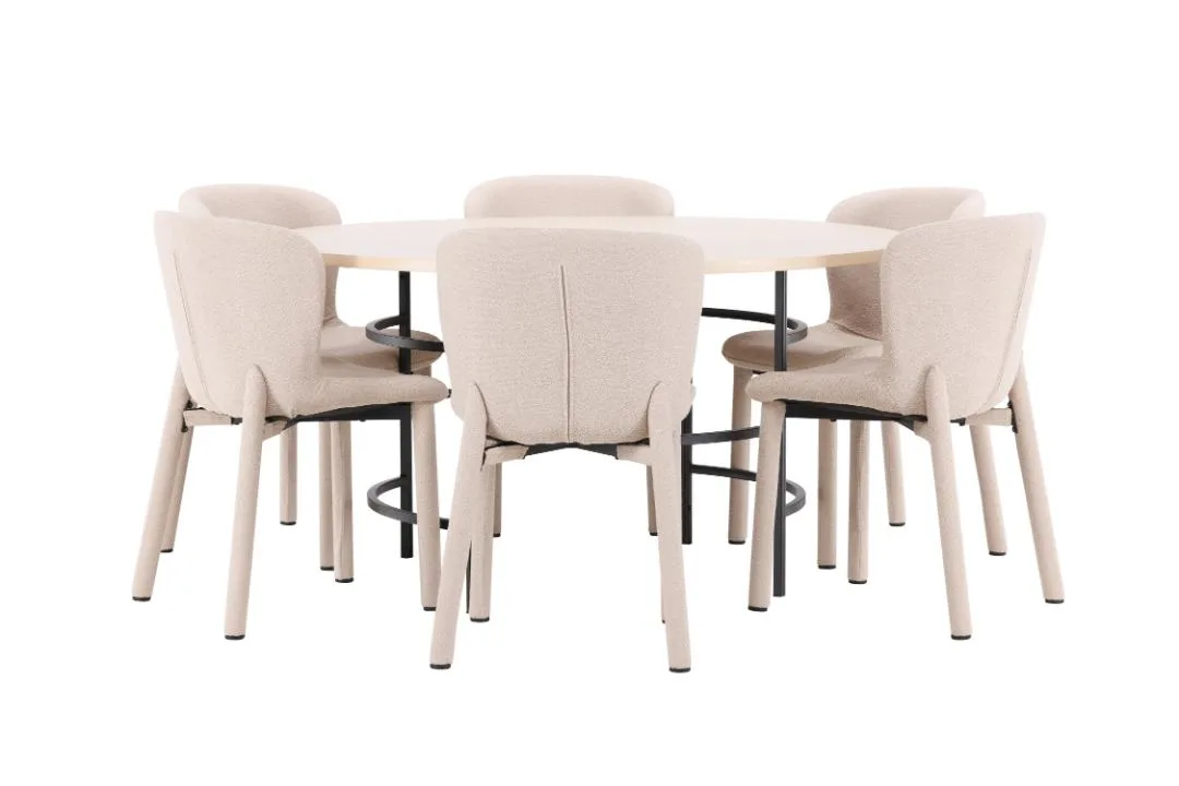 Copenhagen Essgruppe Tisch Ø140cm und 6 Stühle whitewash, beige.