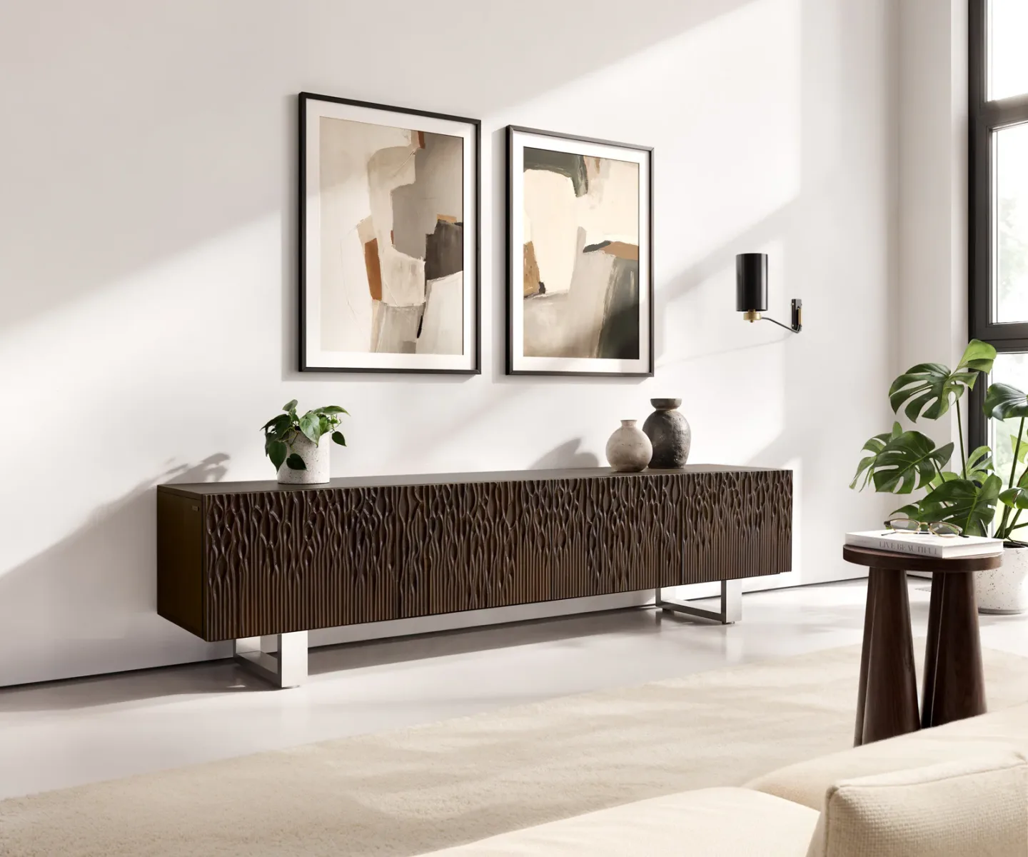 Lowboard Follia 200 cm Mango Braun 4 Türen Kufe Edelstahl gebürstet
