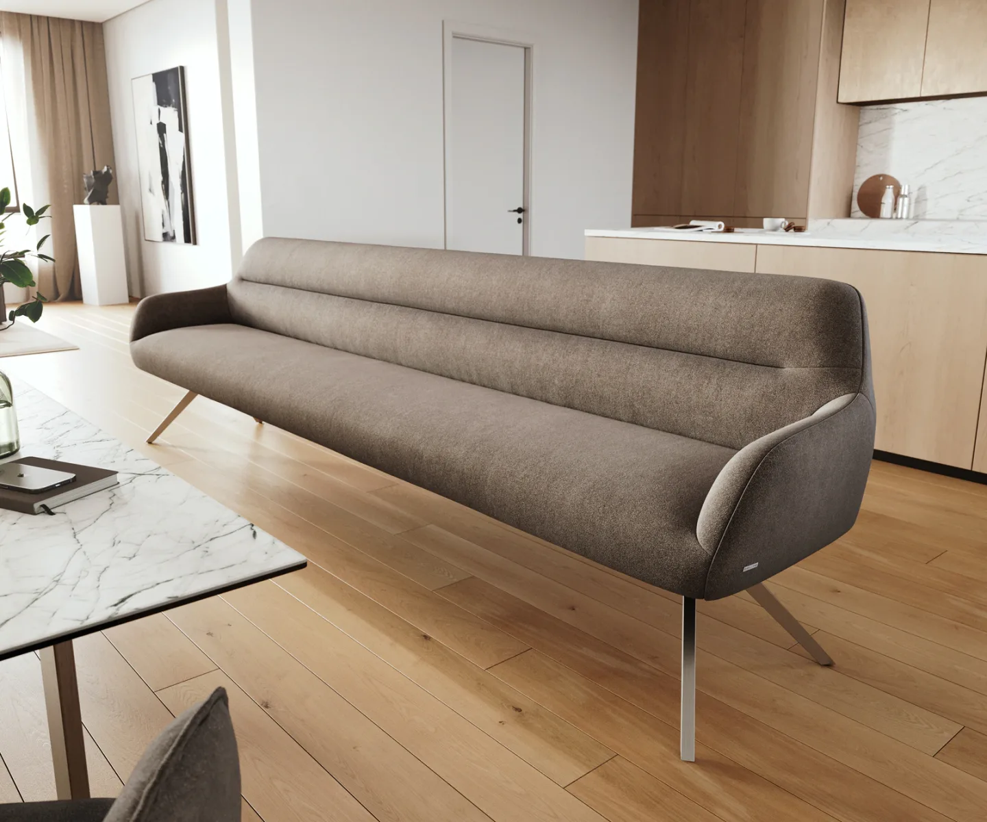 Esszimmerbank Taya-Flex 300 cm Strukturstoff Soft Taupe Kreuzgestell kantig Edelstahl Taschenfederkern