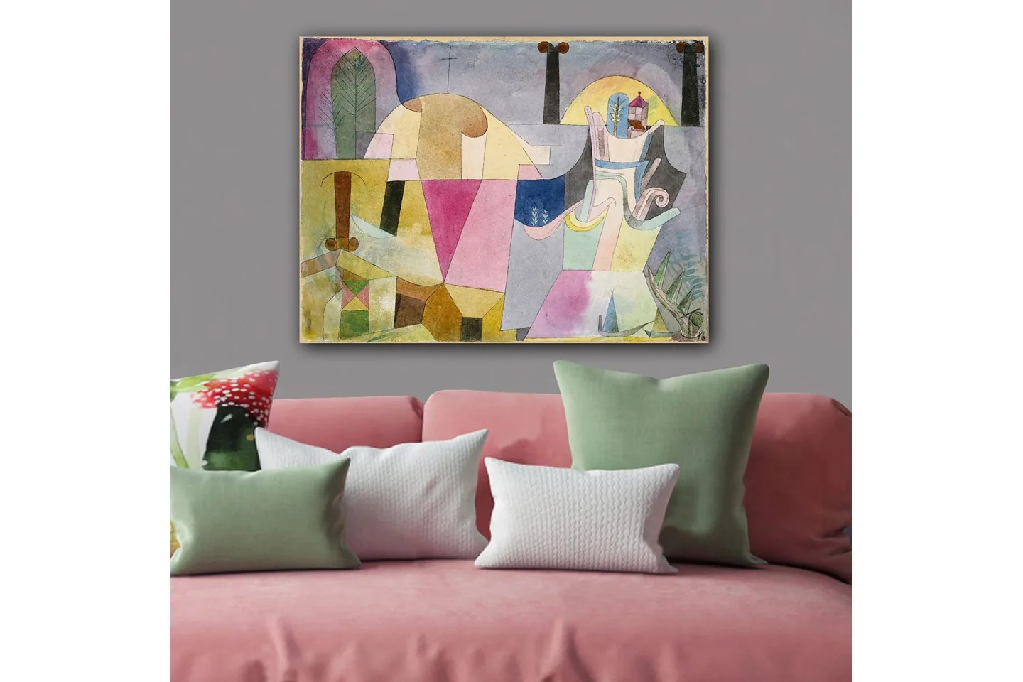 Canvastavla 70x100 cm - Abstrakt komposition med geometriska former och mjuka färger som skapar en drömlik atmosfär - Rosa / Gul / Grön