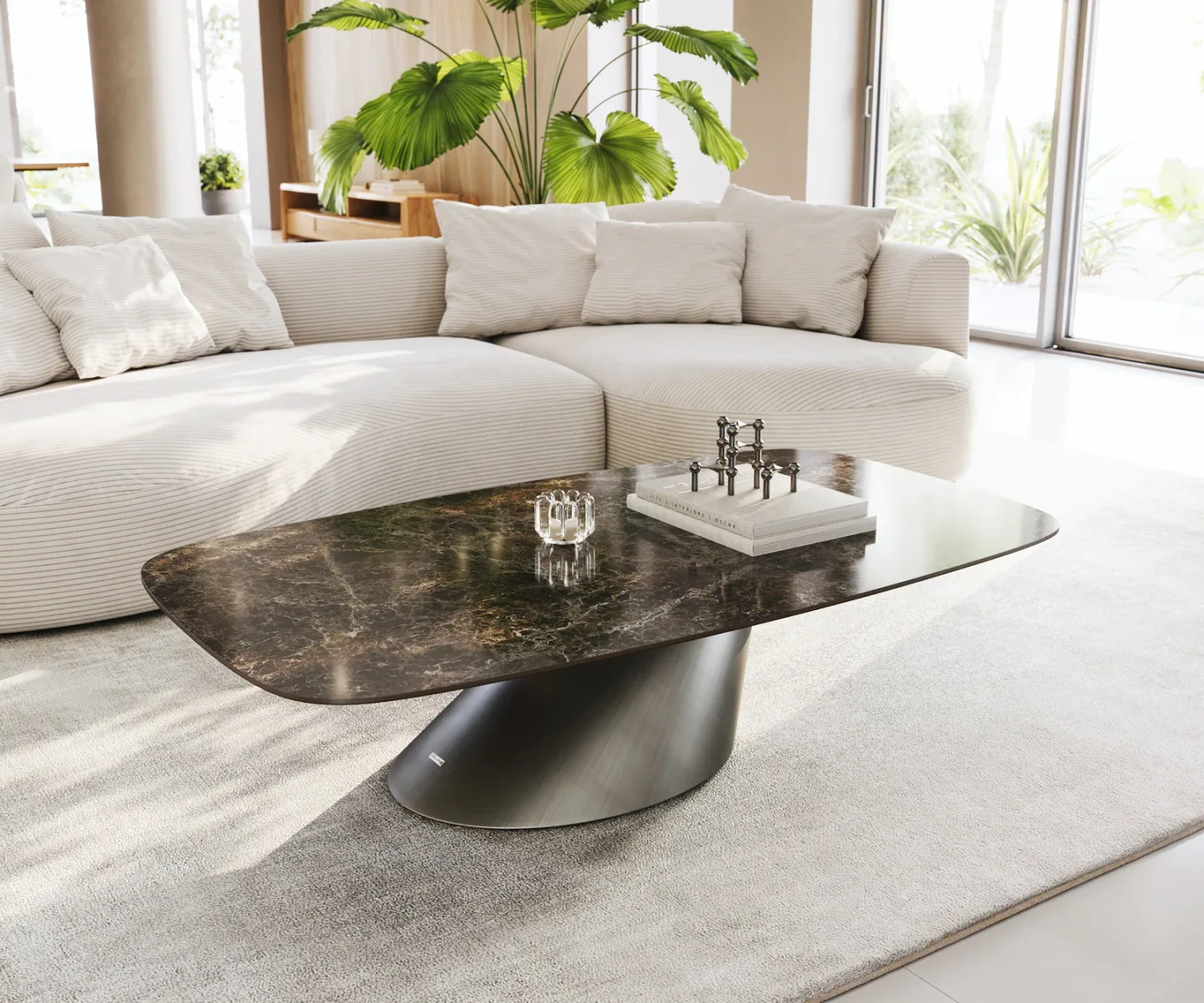 Couchtisch Edge Boot 140x80 cm Keramik Emperador Extra Lucidato Dunkelbraun Conis Metallic Silber
