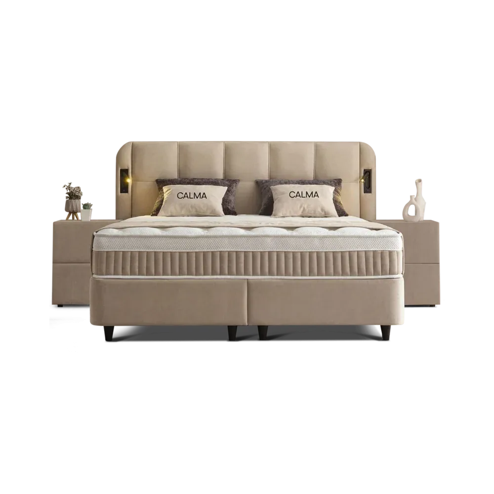 Premium Boxspringbett 160×200 komplett mit Matratze, Topper & Bettkasten, Stoff Beige, Calma