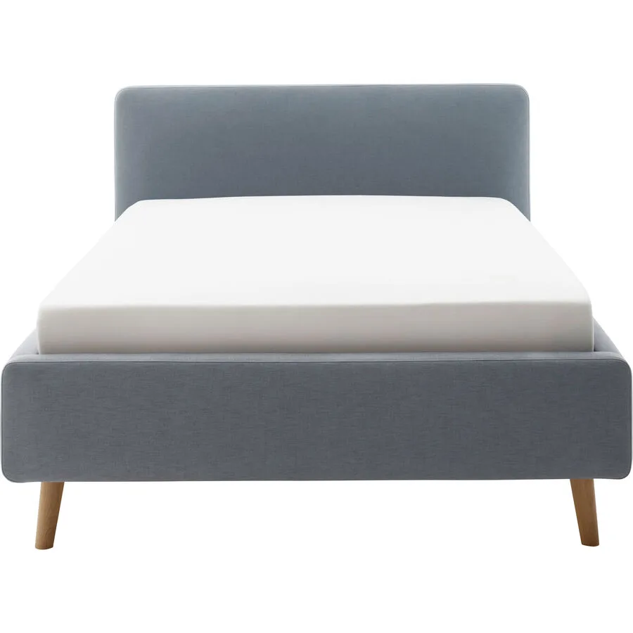 Bett Senja Eisblau, Natur Stoff, Eiche Massivholz 140 x 200 cm