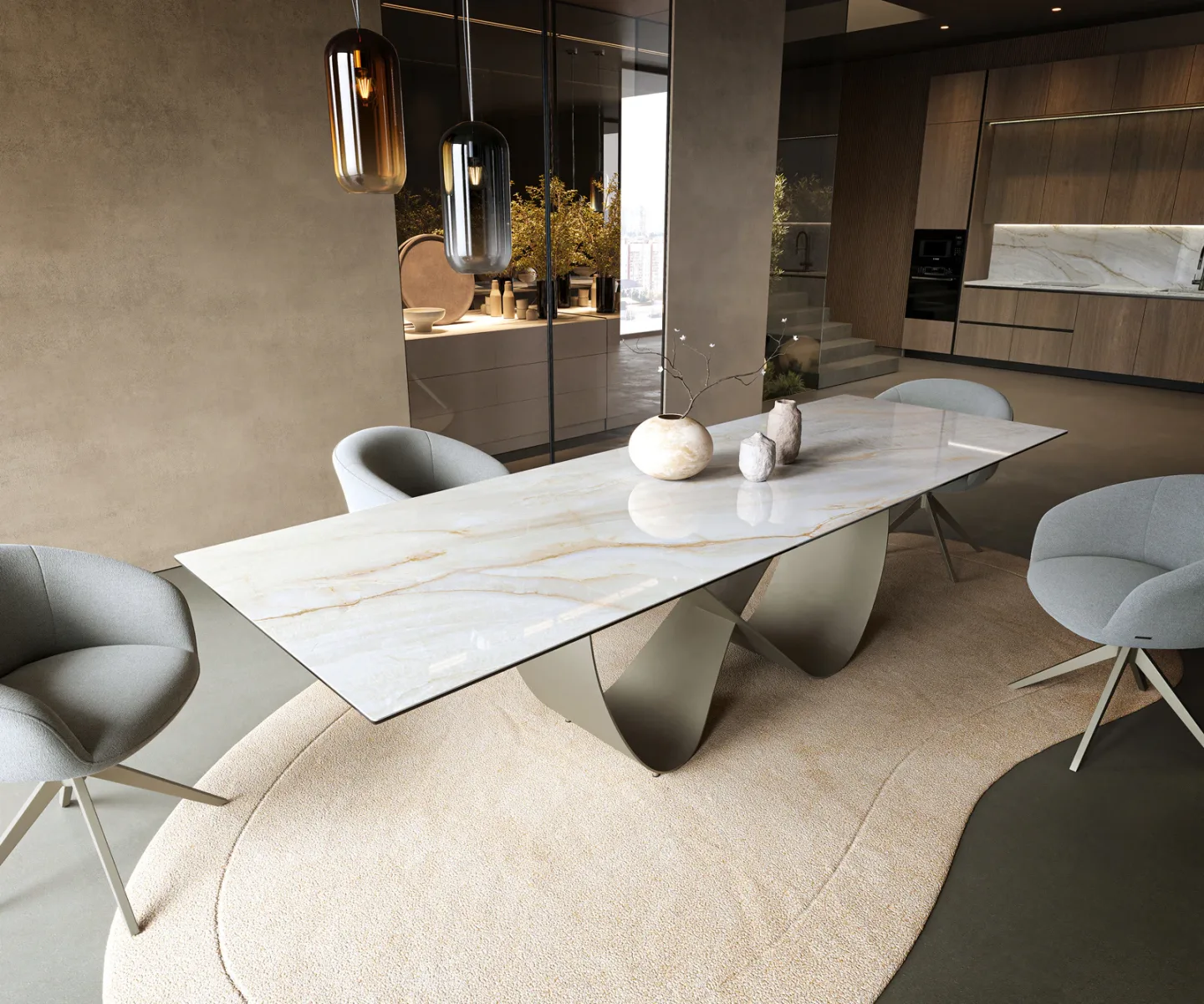 Esstisch Edge 300x100 cm Keramik Onyx Pearl Infinity Metall Effektfinish Titan