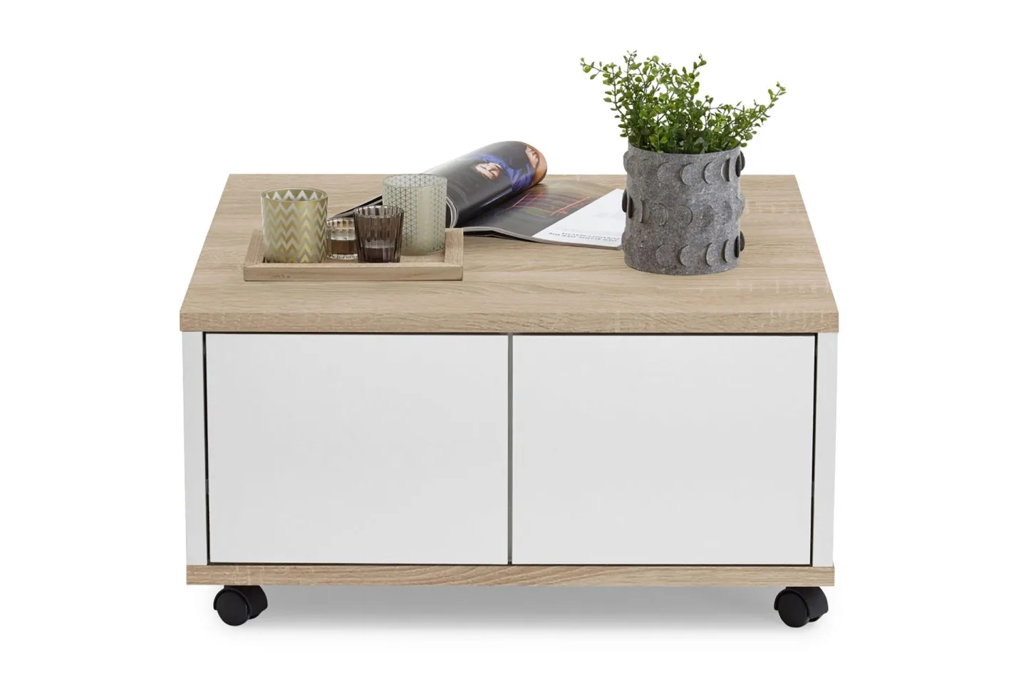 Twin Soffbord 70 cm med Förvaring Lådor på Hjul - Vit/Ljus Ekfärg