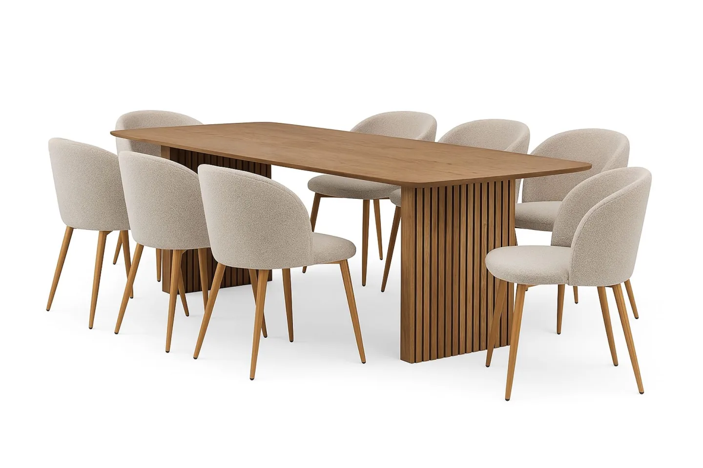 Richeto Matbord 240 cm med 8 Greya Matstolar med armstöd - Naturlig finish / Greige Bouclé / Metallben Ek