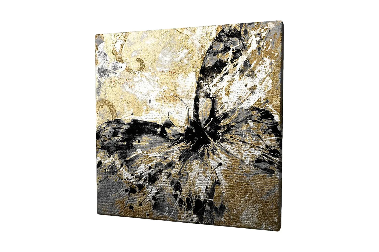 Canvastavla 45x45 cm - Abstrakt fjäril med guldiga och svarta inslag - Guld / Svart / Vitt
