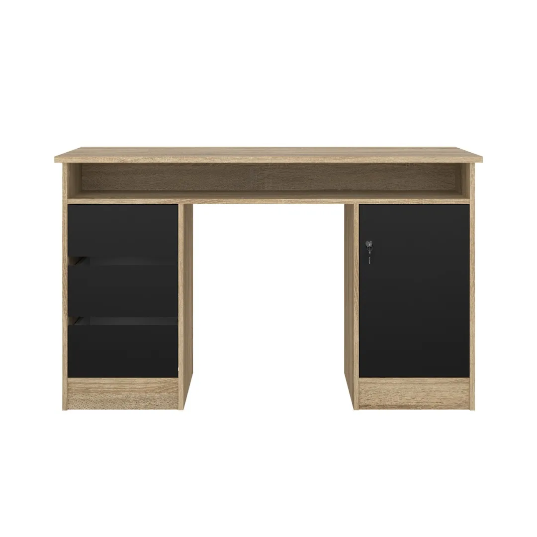 FunctionPlus Schreibtisch mit Schloss 1 Tür 3 Schubladen Eiche dekor schwarz.