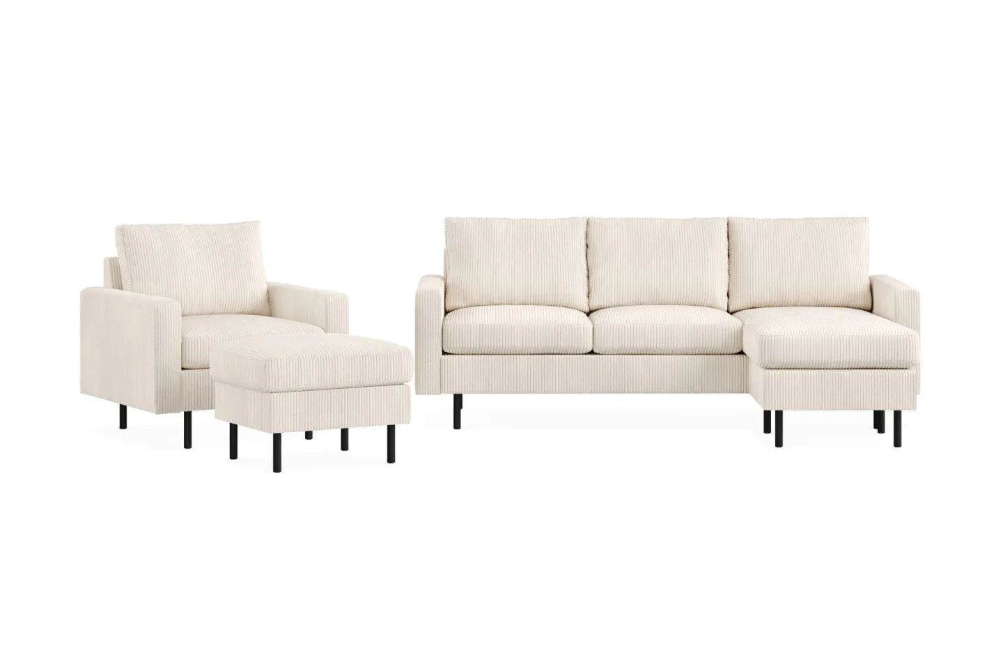 Peppe Soffgrupp 3-sits Vändbar L-formad Divansoffa + Fåtölj + Fotpall i Manchester - Beige