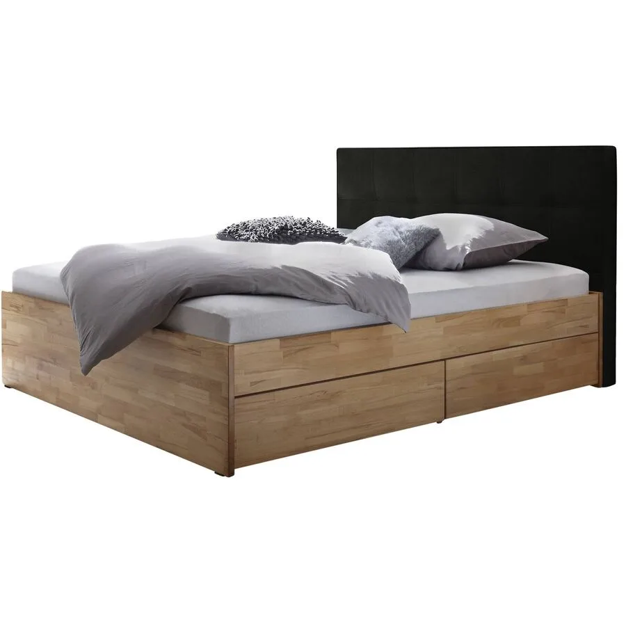 Hasena Stauraumbett Shepherd Natur/Smoke Kernbuche Massivholz/Kunstleder Massivholz 160 x 200 cm