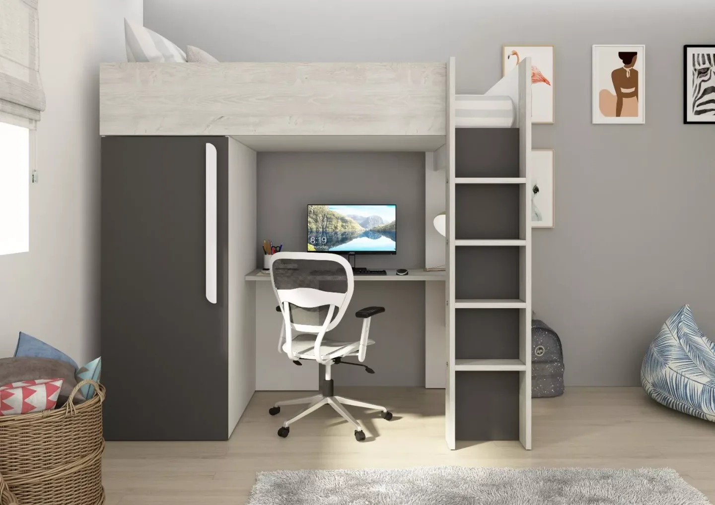 Drømmerom - Loftseng med garderobeskap og skrivebord - Shade 90x200