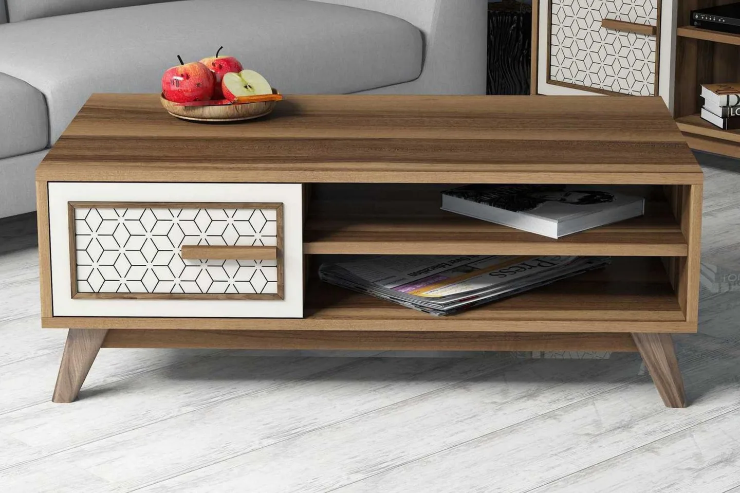 Hovdane Soffbord 105 cm m Förvaring 2 Hyllor+Skåp Diamantmön - Brun/Vit