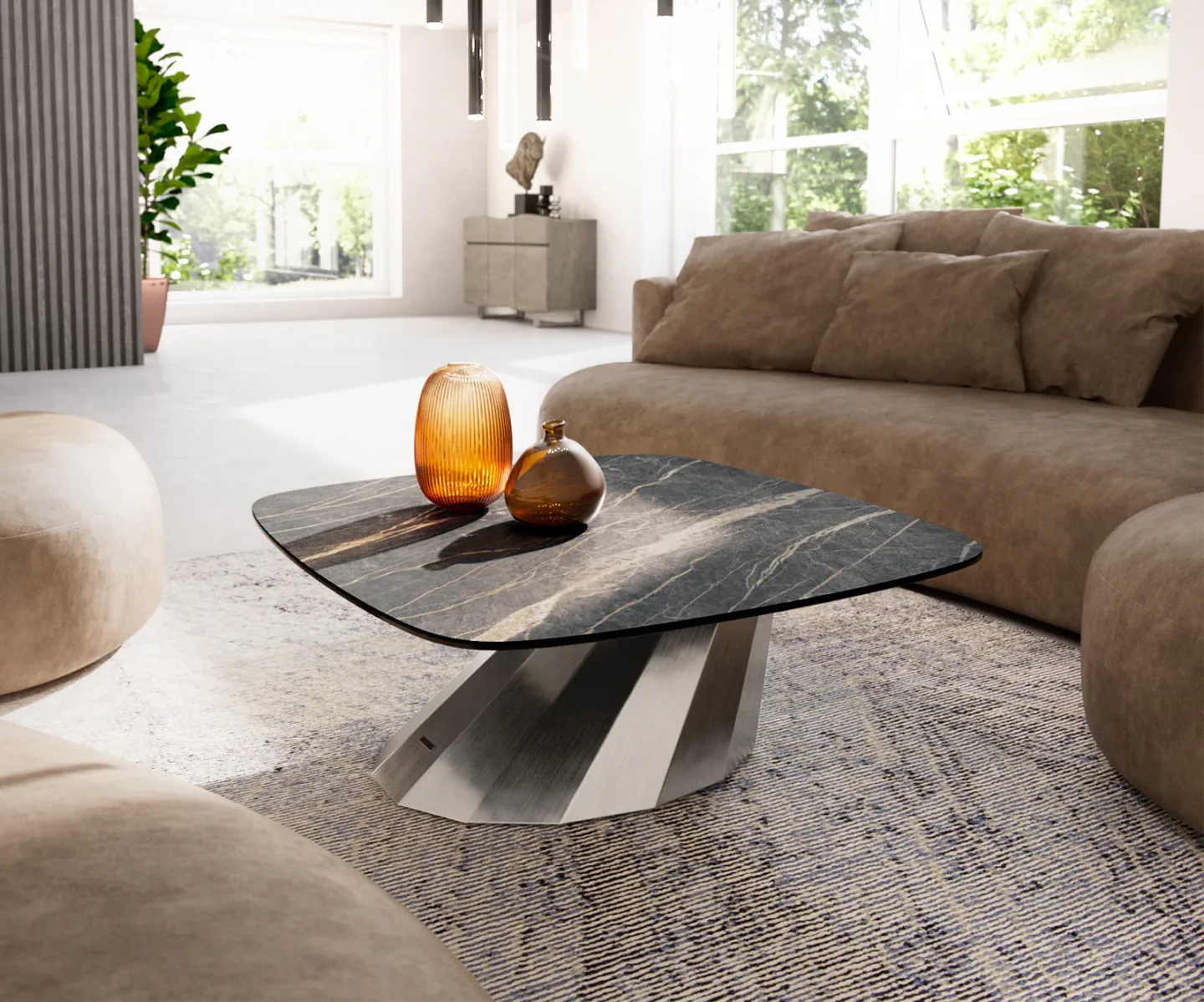 Couchtisch Edge Boot 90x90 cm Keramik Laminam® Noir Desir Braun Parabi Edelstahl gebürstet