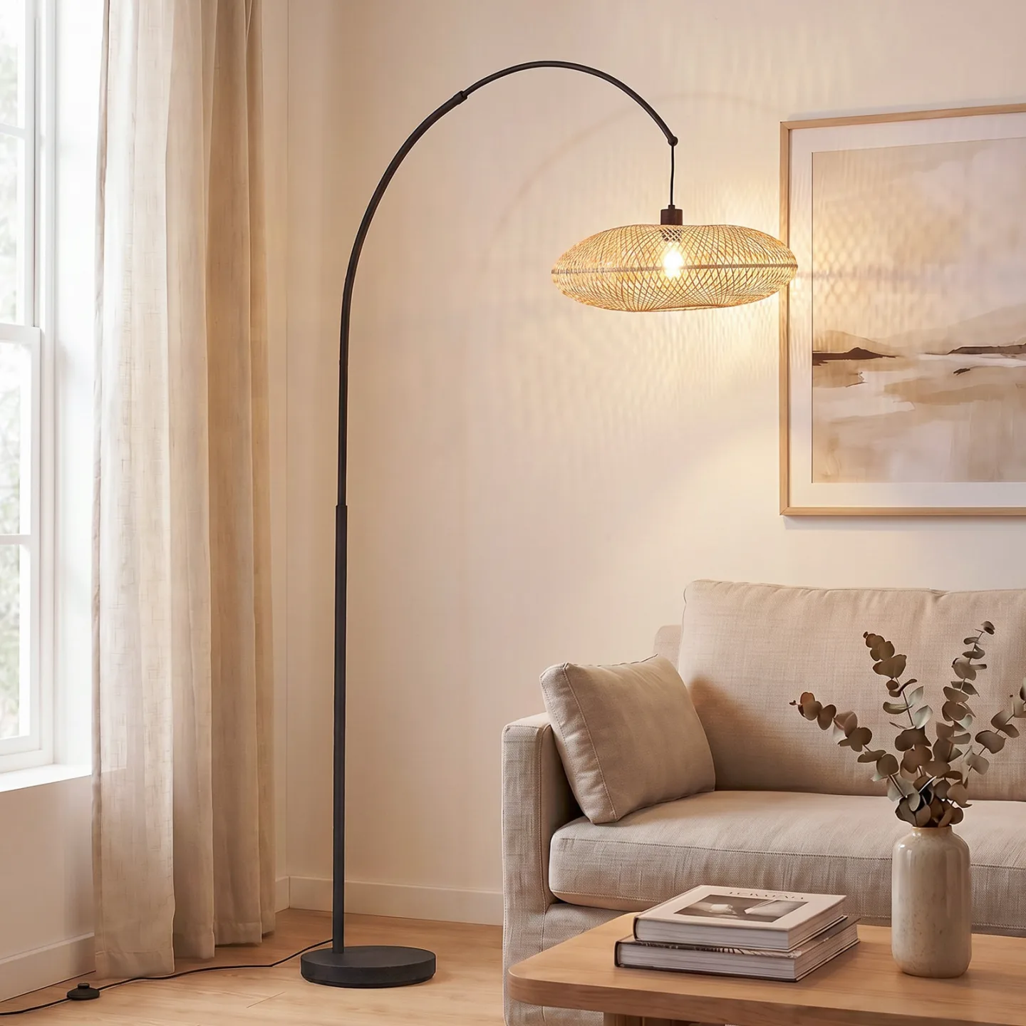Solvian Bogenleuchte Bambus schwarz/natur - Lindby - Wohnzimmer - Modern - Metall - Einflammig