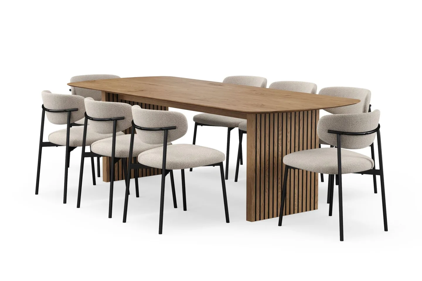Richeto Matbord 240 cm med 8 Lucy Matstolar - Naturlig finish / Greige Bouclé / Metallben Svart
