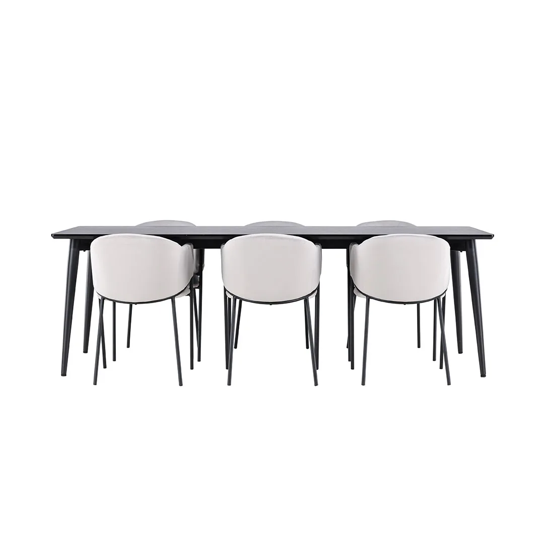 Ellis Essgruppe Tisch 85x230cm und 6 Velours Stühle mit Armlehnen schwarz.