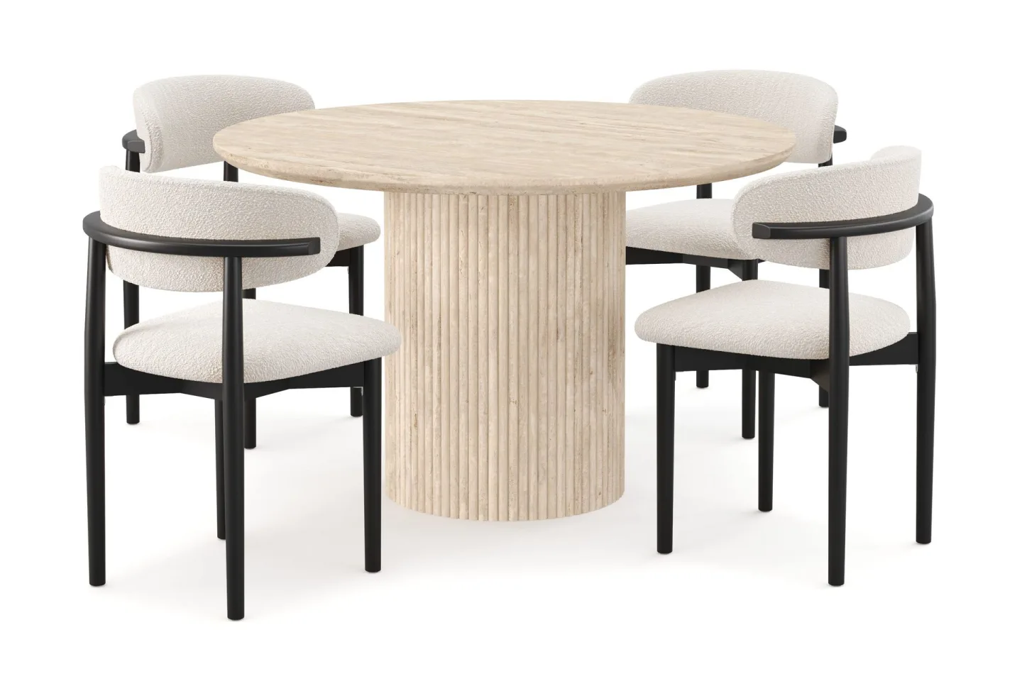 Uppveda Runt Matbord 120cm Travetin utseende med 4 st Jaiveer Matstolar - Beige