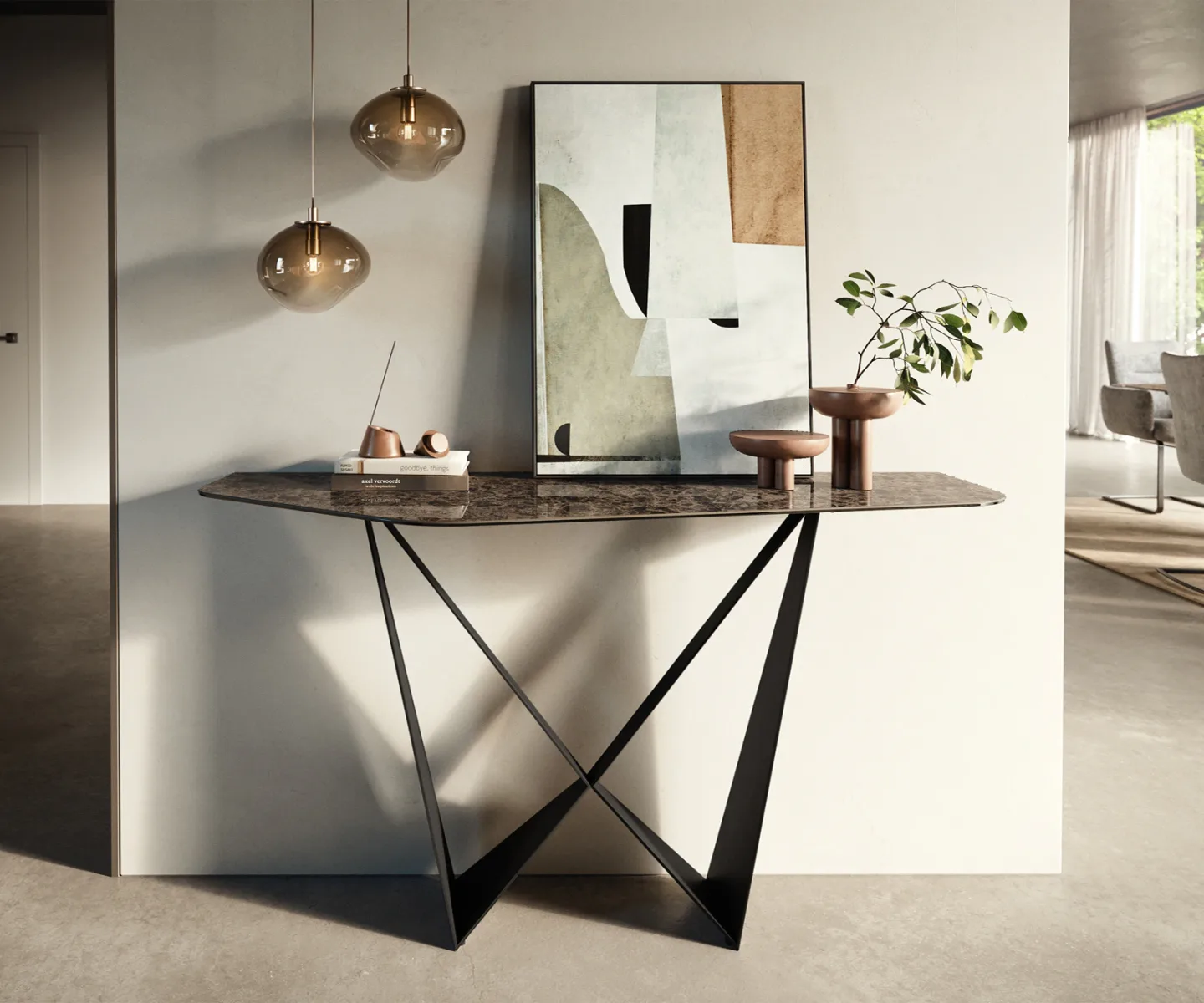 Konsolentisch Edge Polygonal 140x50 cm Keramik Emperador Extra Lucidato Dunkelbraun Spios Metall Schwarz