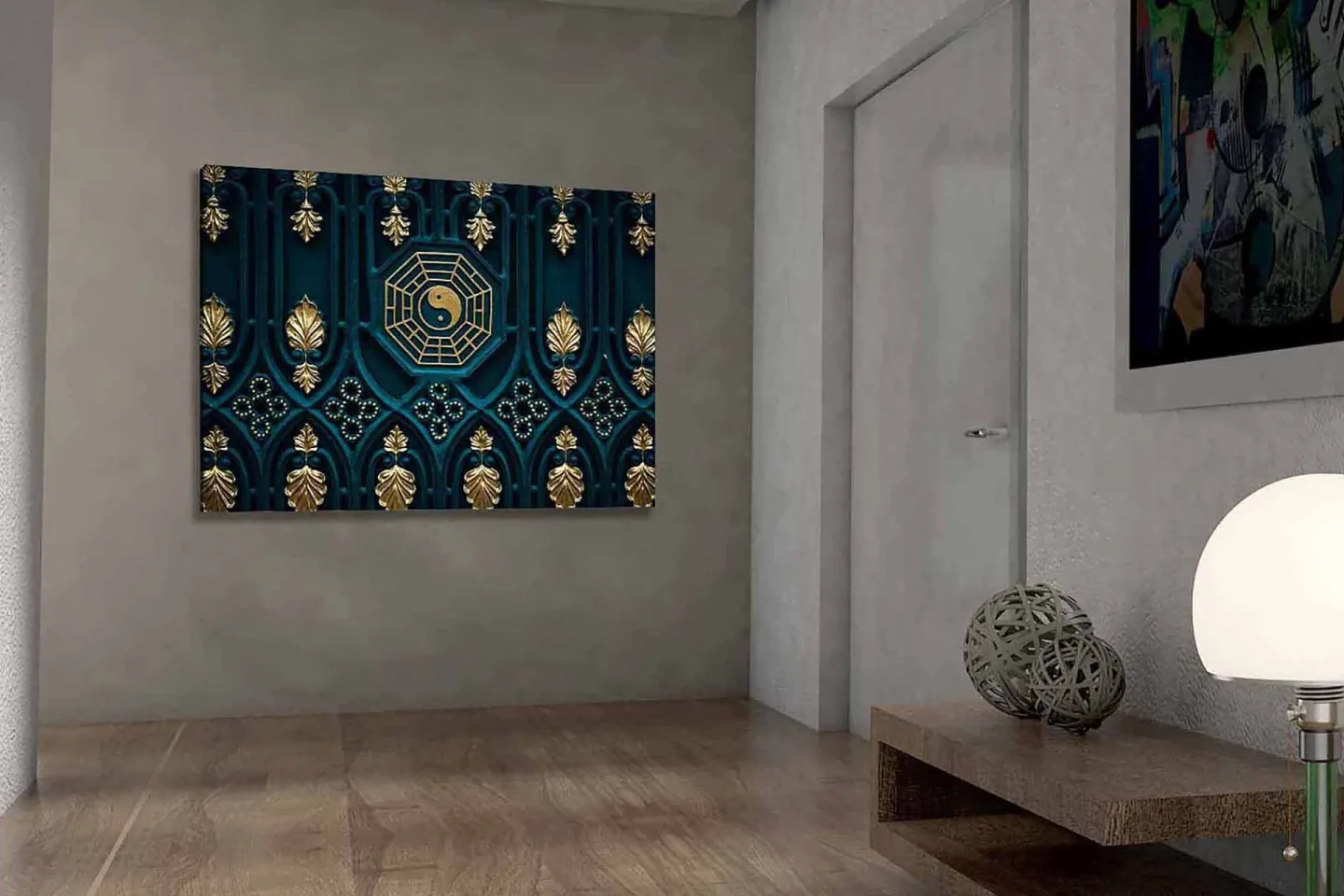 Canvastavla 70x100 cm - Abstrakt design med yin-yang-symbol och dekorativa element i guld och blått - Mörkblå / Guld