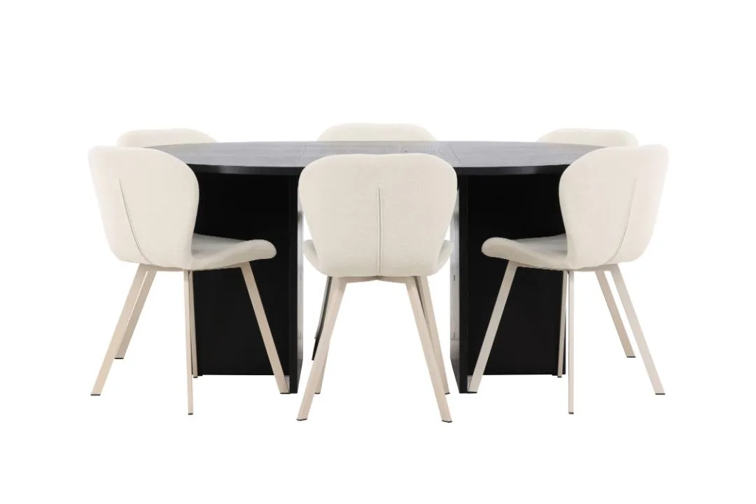 Strada Essgruppe Ausziehtisch Ø120cm, 170cm und 6 Stühle schwarz, beige.
